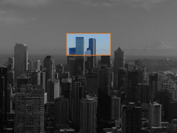 Panorama with crop box highlighting downtown Seattle buildings, camera has drifted away from Mount Rainier